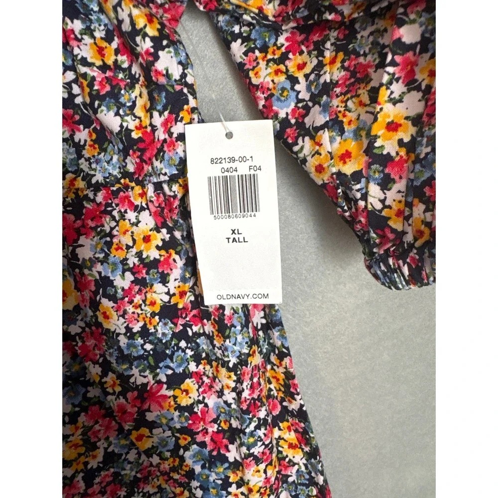 Old Navy Womens XL Tall Floral Babydoll Peplum Top Puff Sleeve Navy Blue Multi